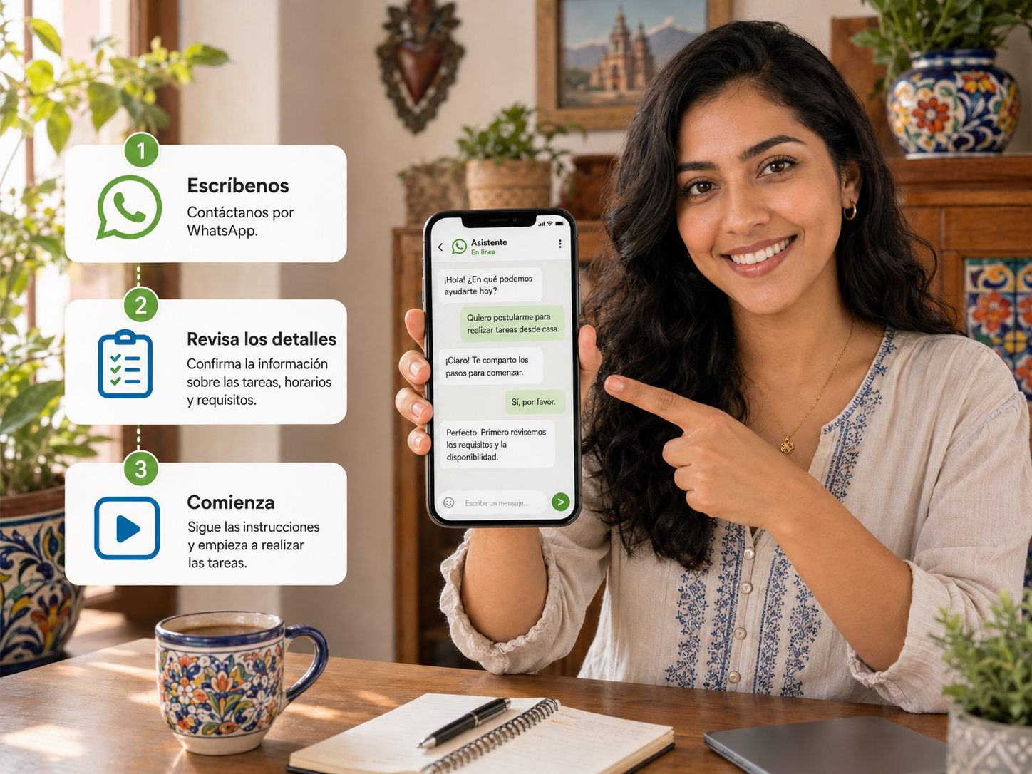 Persona contactando al equipo por WhatsApp para postularse